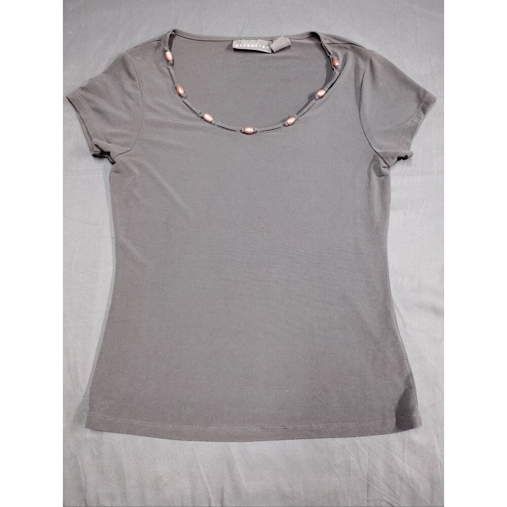 Attention Black Short Sleeve Scoop Neck Top with Brown Bead Trim on the collar